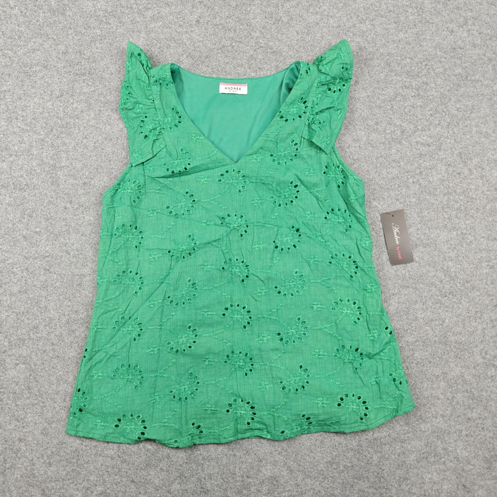 Andree By Unit Blouse Womens Small Green Eyelet Lace Flutter Sleeve Top New